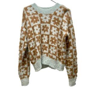 SO Fuzzy Sweater Women Med Mint + Brown Floral Crop Goods For Life Long Sleeve